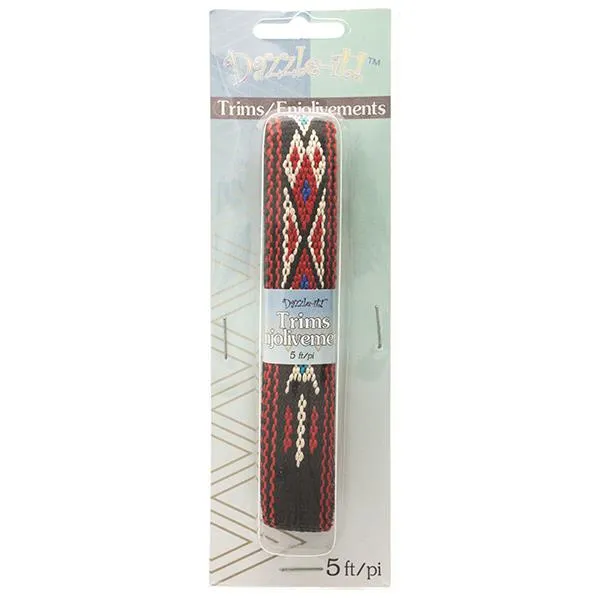 3/4" Embroidered Trim, Black & Red 5ft/Pkg