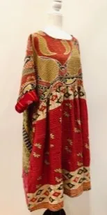 Artisan Kantha Quilt Float Dress. Comfortable and Very Chic (Honey Olive)