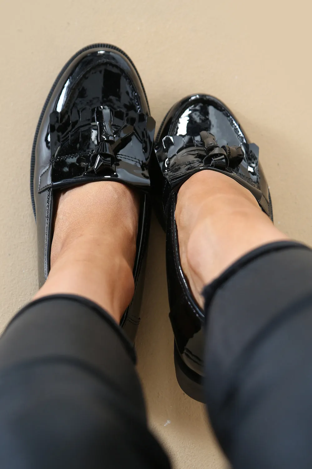 Black Patent Slip On Flatform Loafer Shoes With Tassle