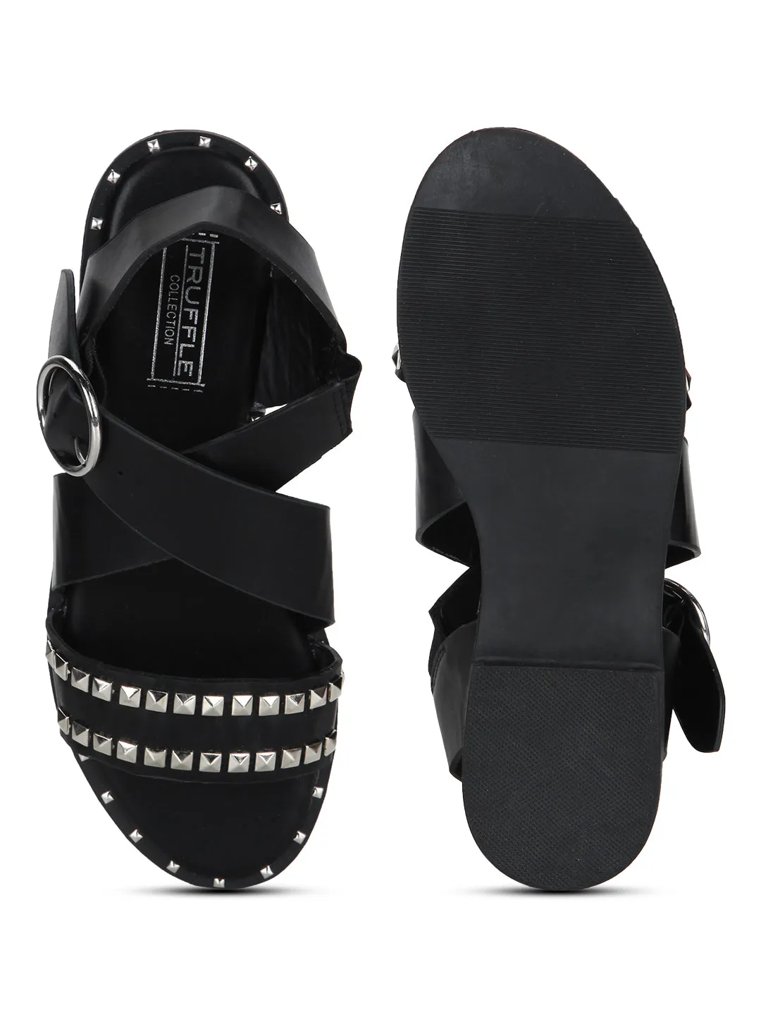 Black PU Crossover Strap Studded Flat Sandals