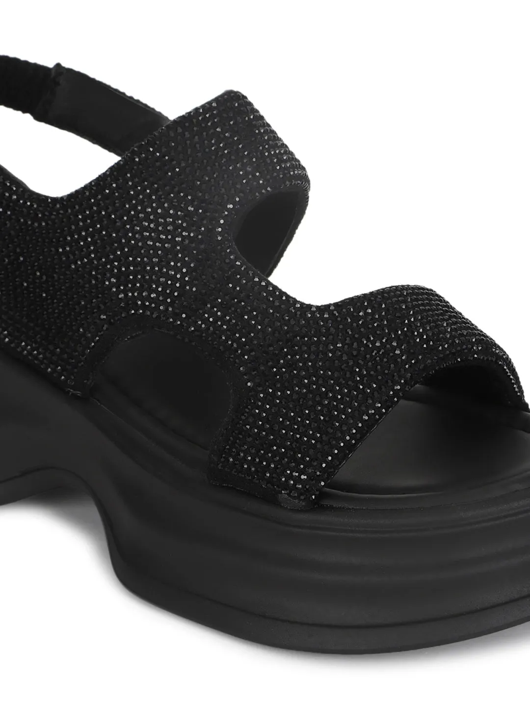 Black PU Diamonte Stylish Slip-On Flats (TC-RS3637-BLK)