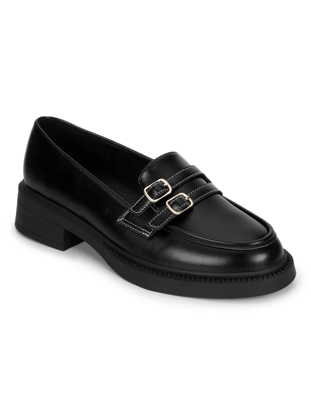 Black PU Double Buckle Slip-On Heel Loafers (TC-RS3588-BLK)