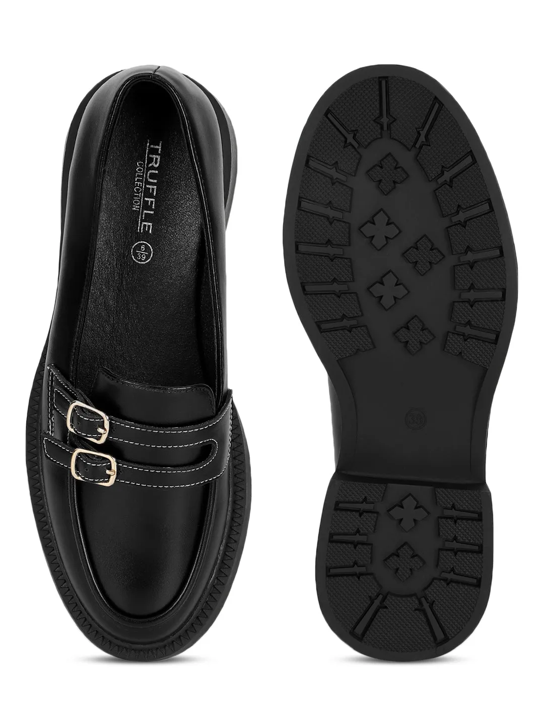 Black PU Double Buckle Slip-On Heel Loafers (TC-RS3588-BLK)