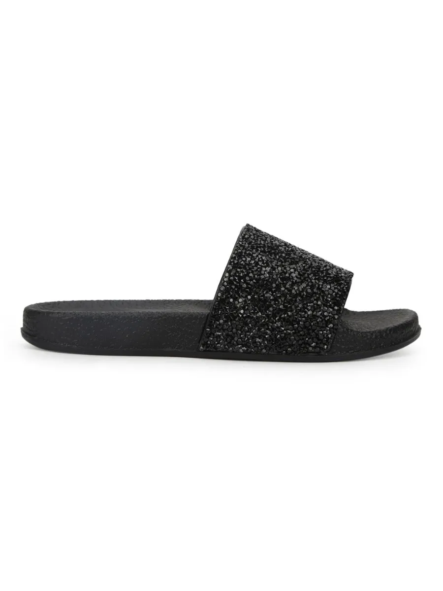 Black PU Glitter Slides