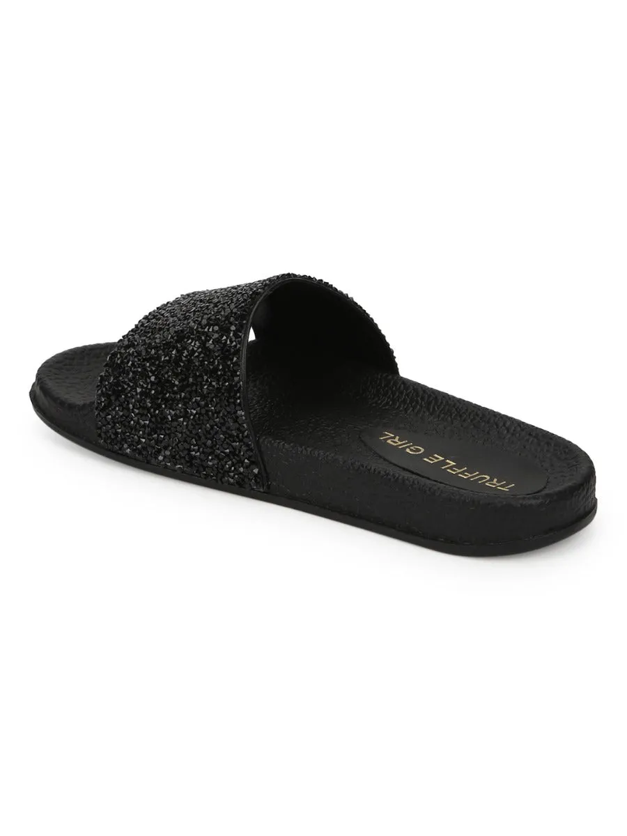 Black PU Glitter Slides