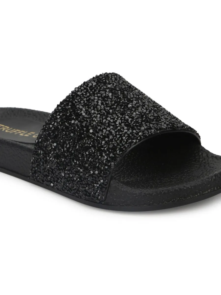 Black PU Glitter Slides