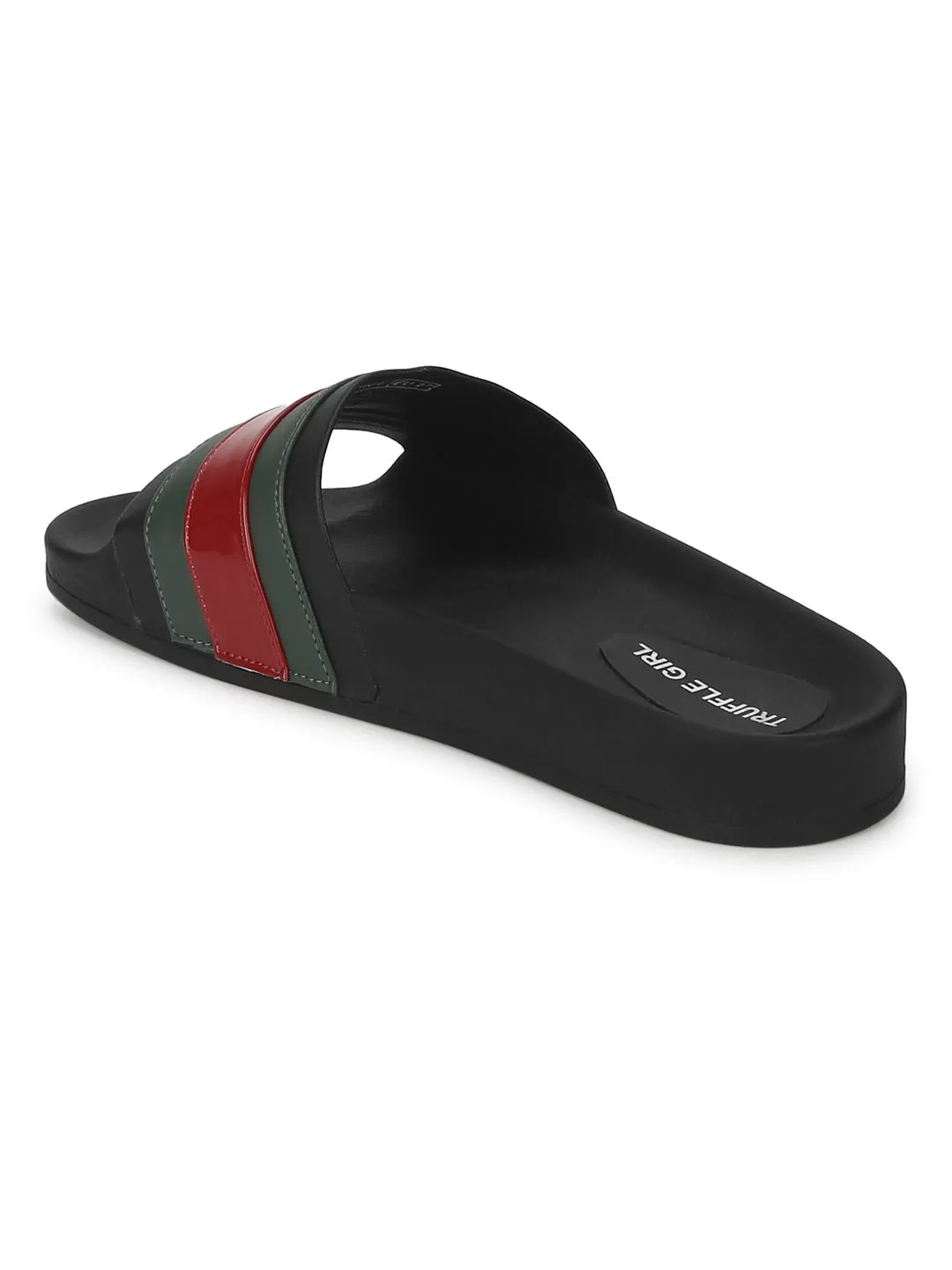 Black PU Slides with Green-Red Stripes