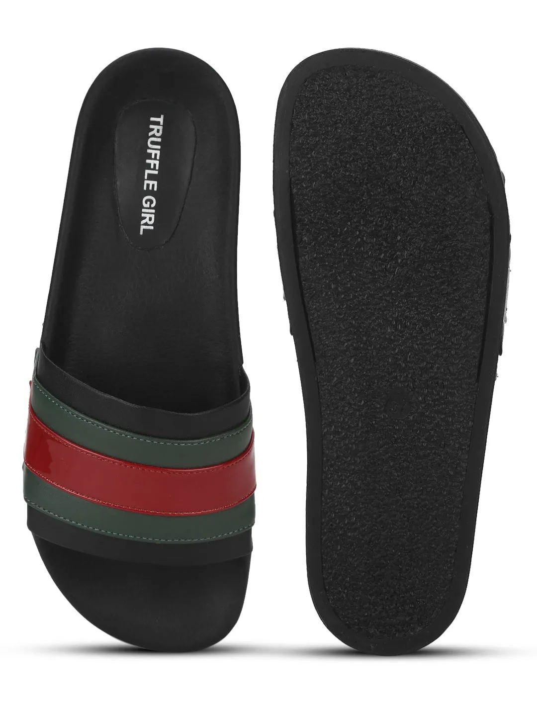 Black PU Slides with Green-Red Stripes