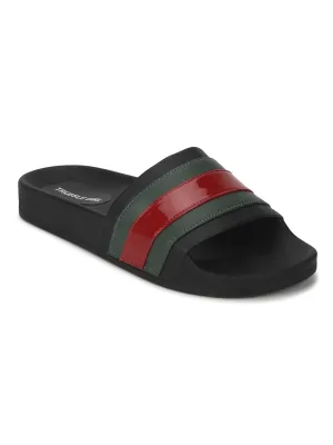 Black PU Slides with Green-Red Stripes