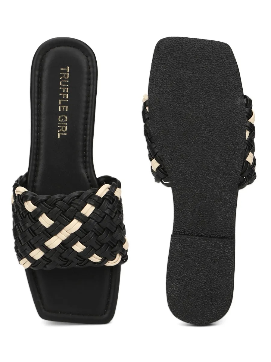 Black PU Slides With Knotted Details