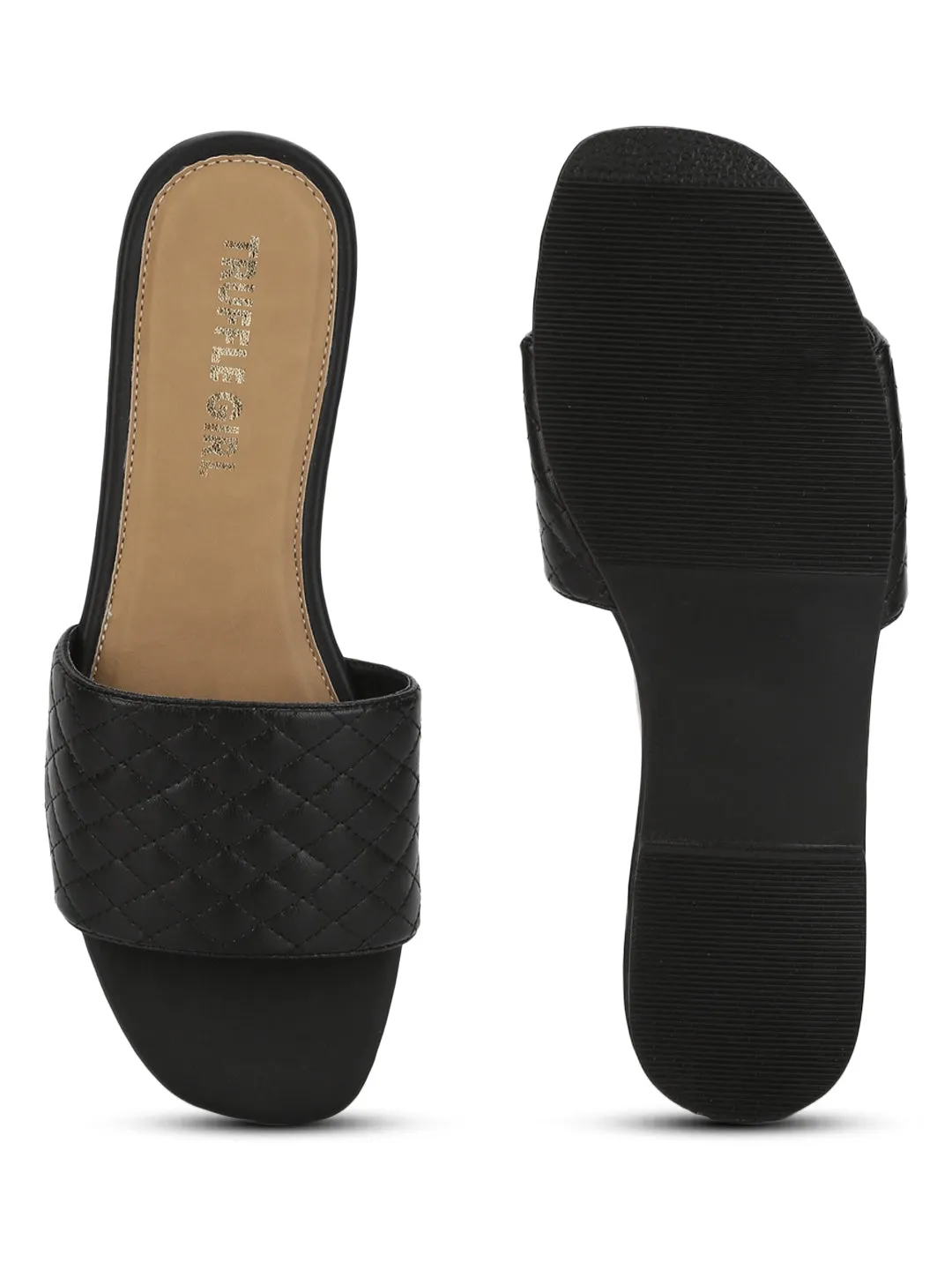 Black Quilted PU Slide on Flat Sandals