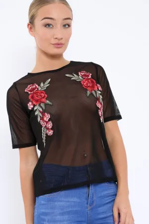 Black sheer top with floral embroidery - Hadley