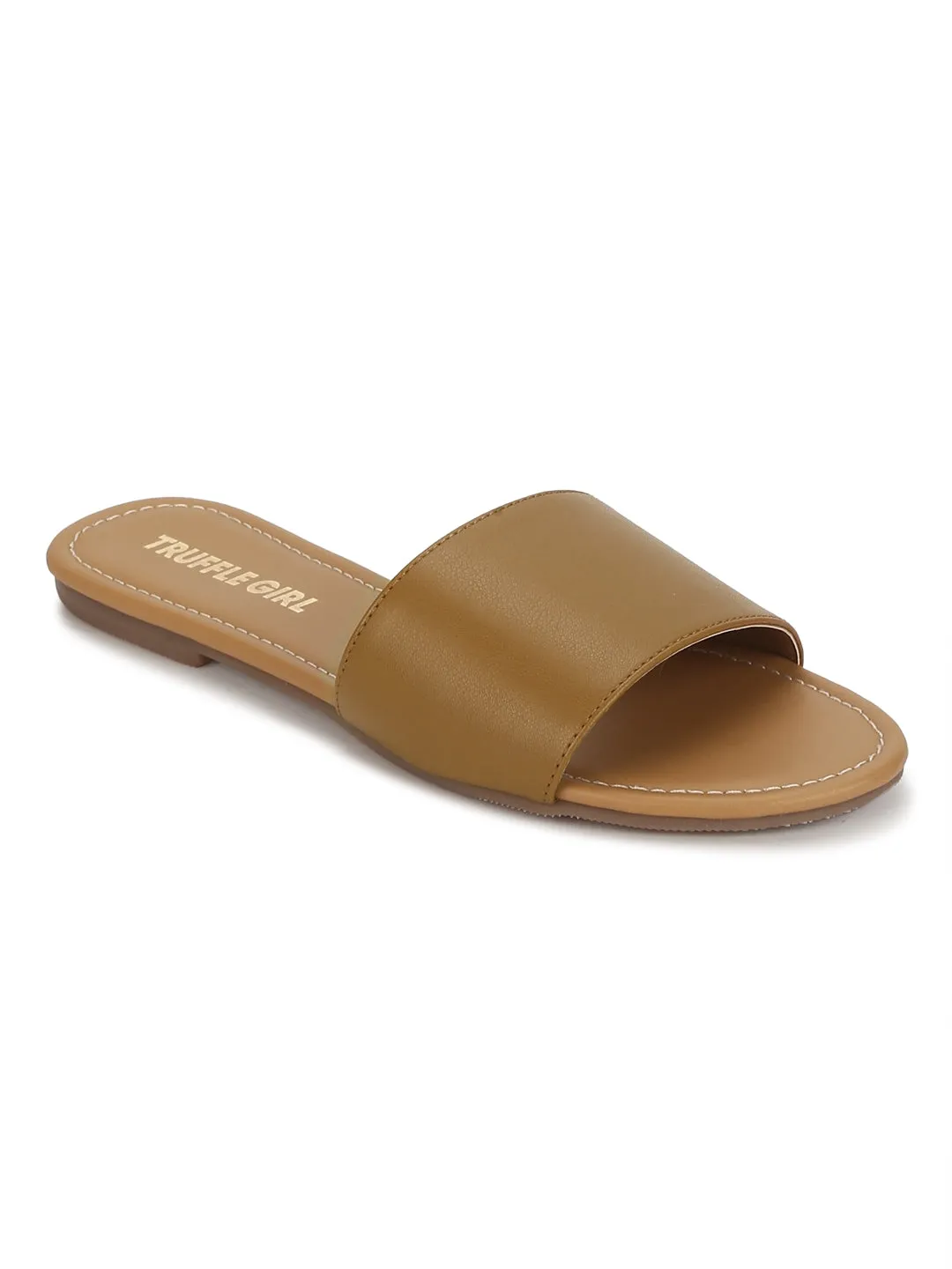 Camel PU Slide on Flat  Sandals