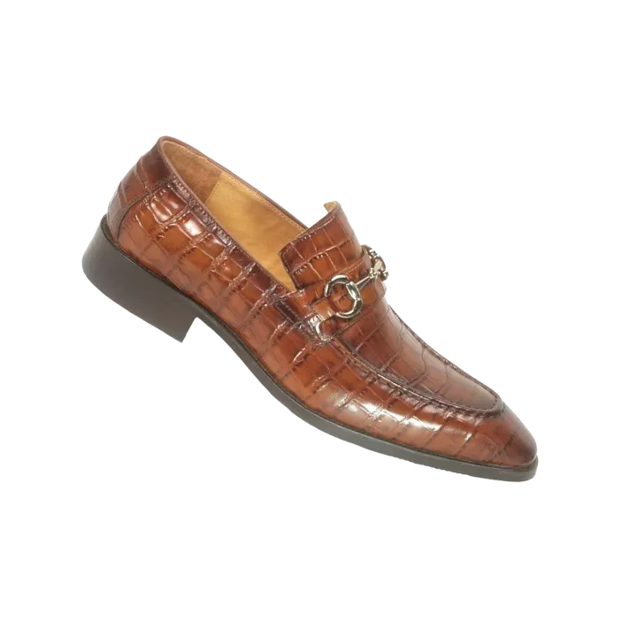 Carrucci Cognac Embossed Leather Men's Dress Shoes Silver Buckle