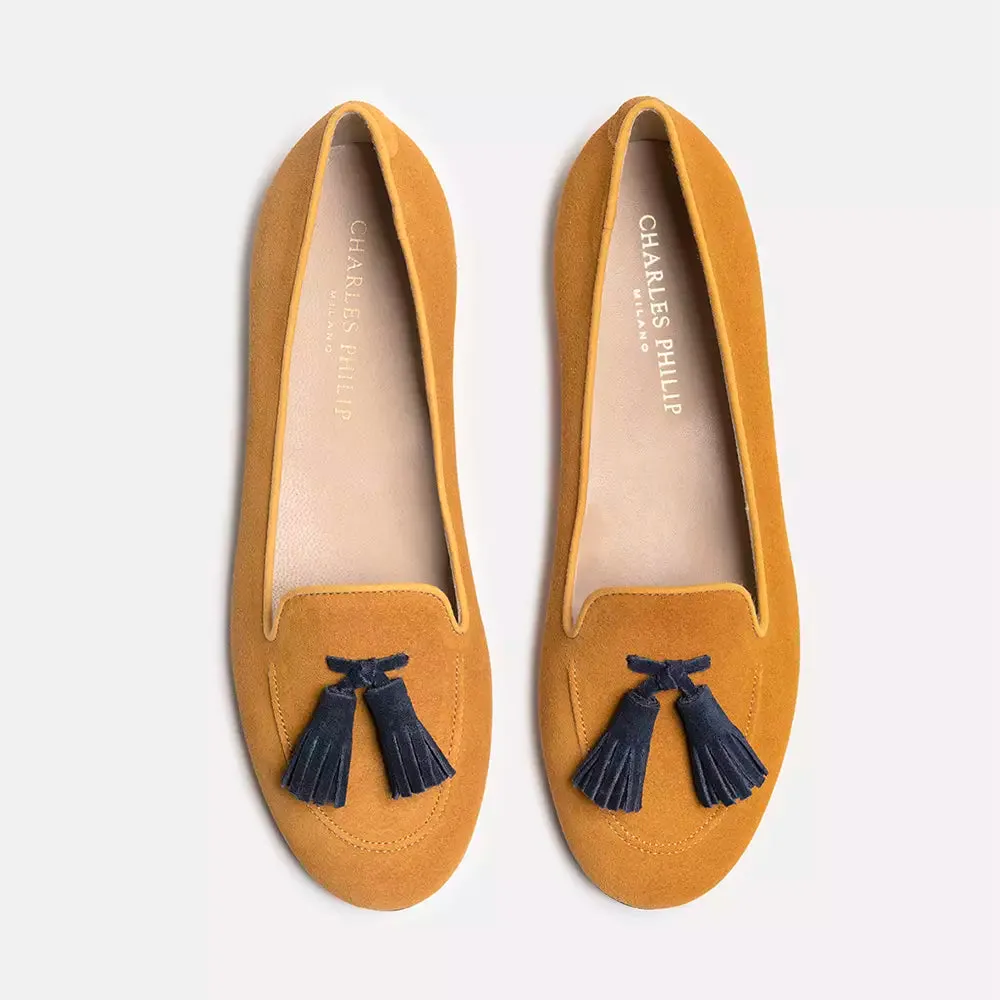 Charles Philip Chic Suede Tassel Moccasins in Ocher Yellow