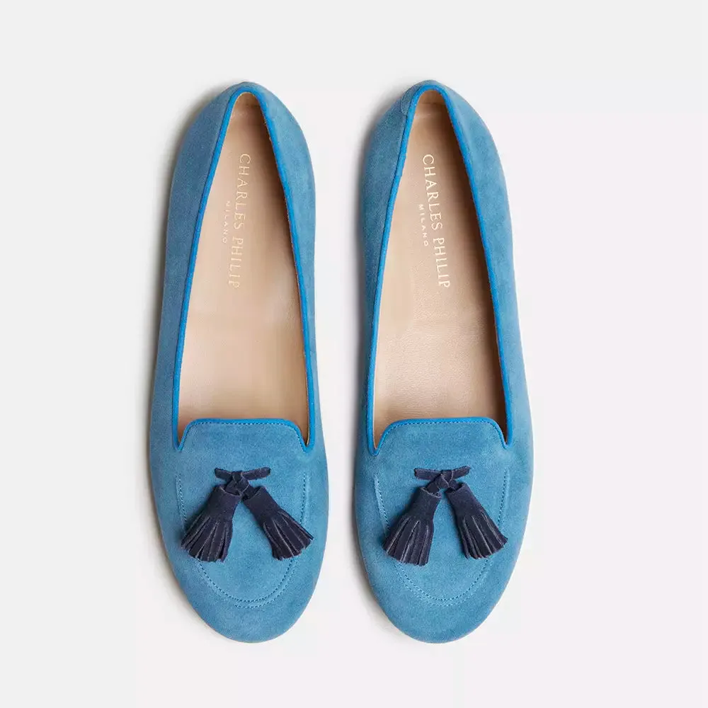 Charles Philip Elegant Light Blue Suede Tassel Moccasins