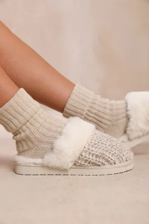 COMFORT SLIP ON KNITTED SLIPPERS WITH FUR TRIM IN WHITE GREY YARN