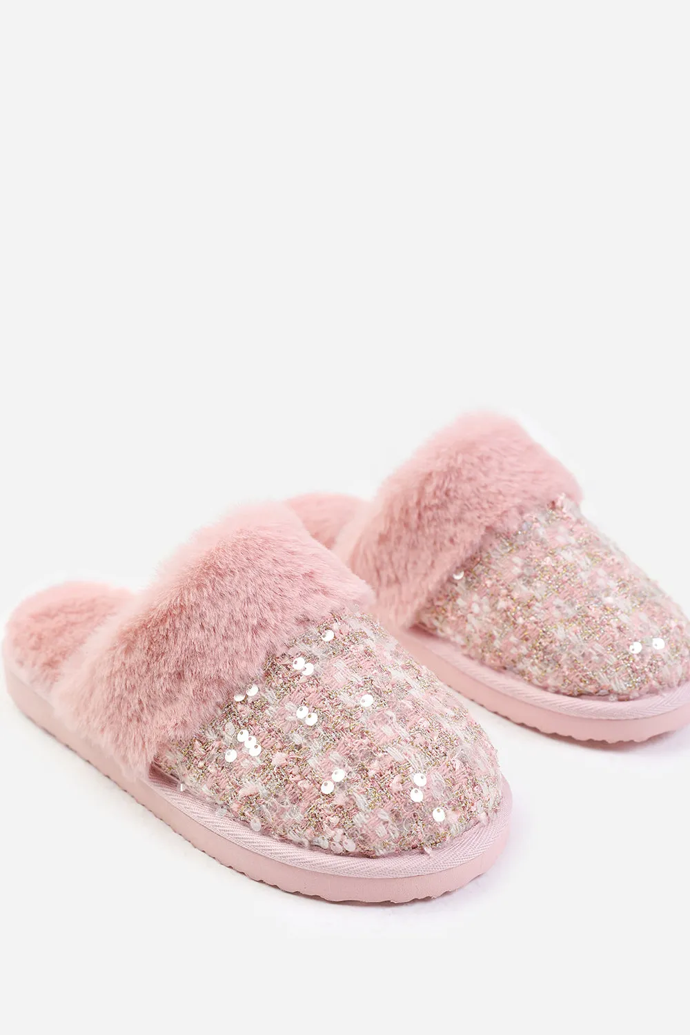 COZY SLIP ON SEQUIN SLIPPERS WITH FUR TRIM IN PINK