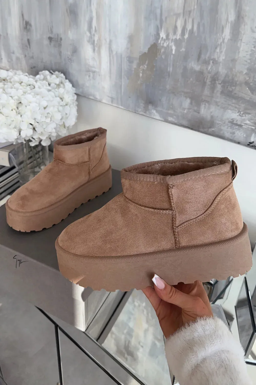 DARCY CAMEL ULTRA PLATFORM ANKLE SLIPPER BOOTS