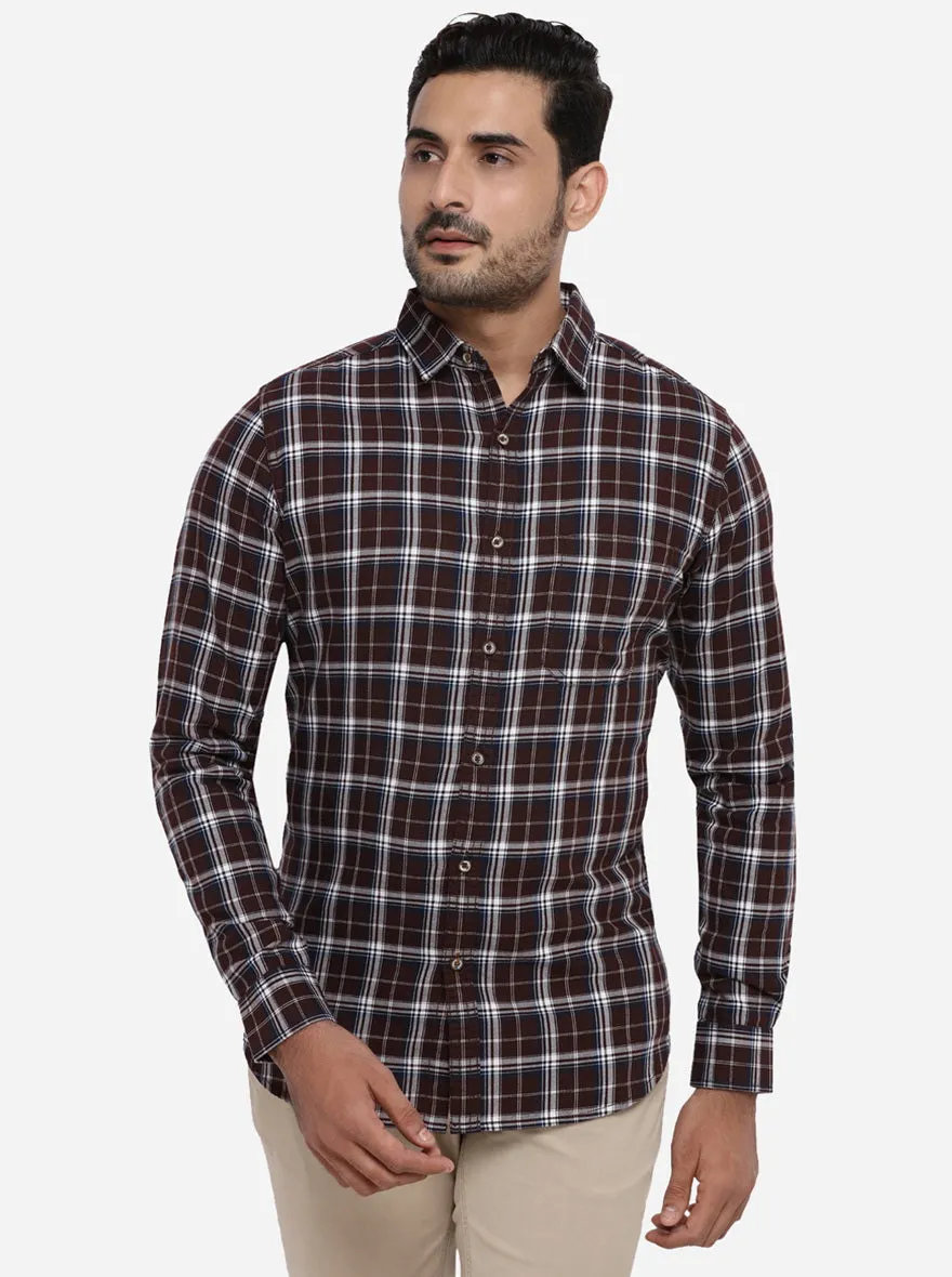 Dark Brown Checked Slim Fit Casual Shirt | JadeBlue