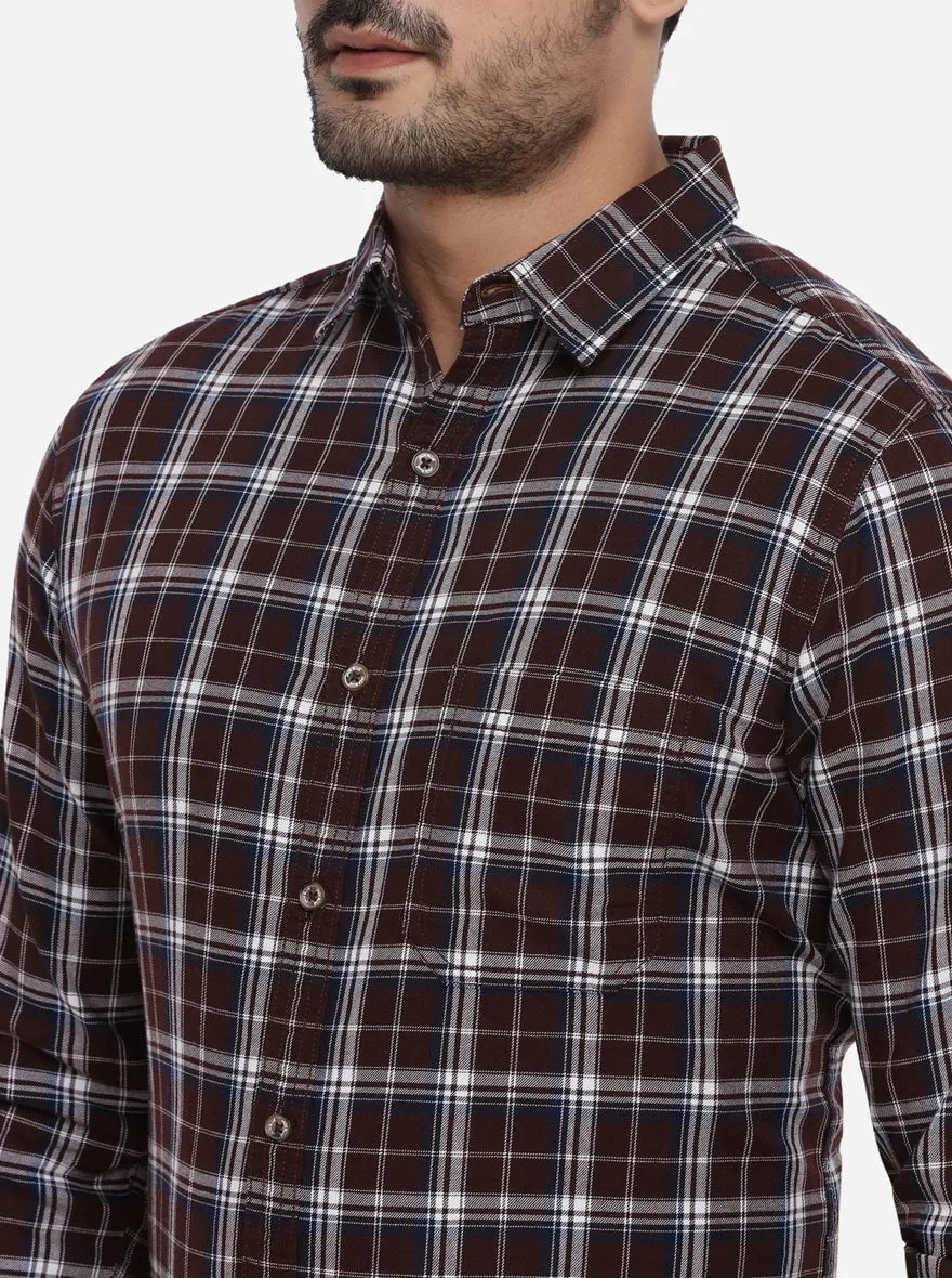 Dark Brown Checked Slim Fit Casual Shirt | JadeBlue