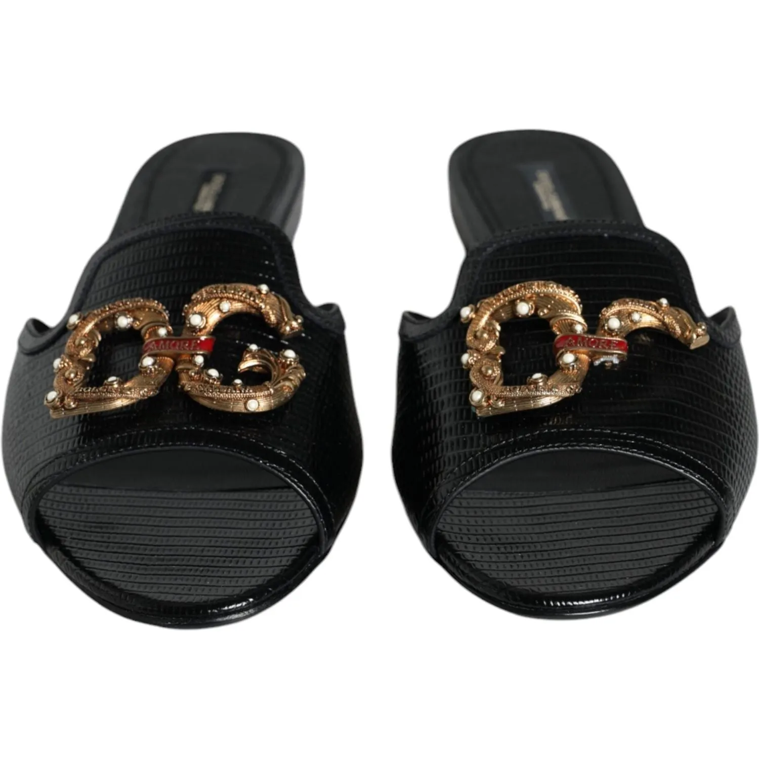 Dolce & Gabbana Black DG Amore Leather Slip On Flats Shoes