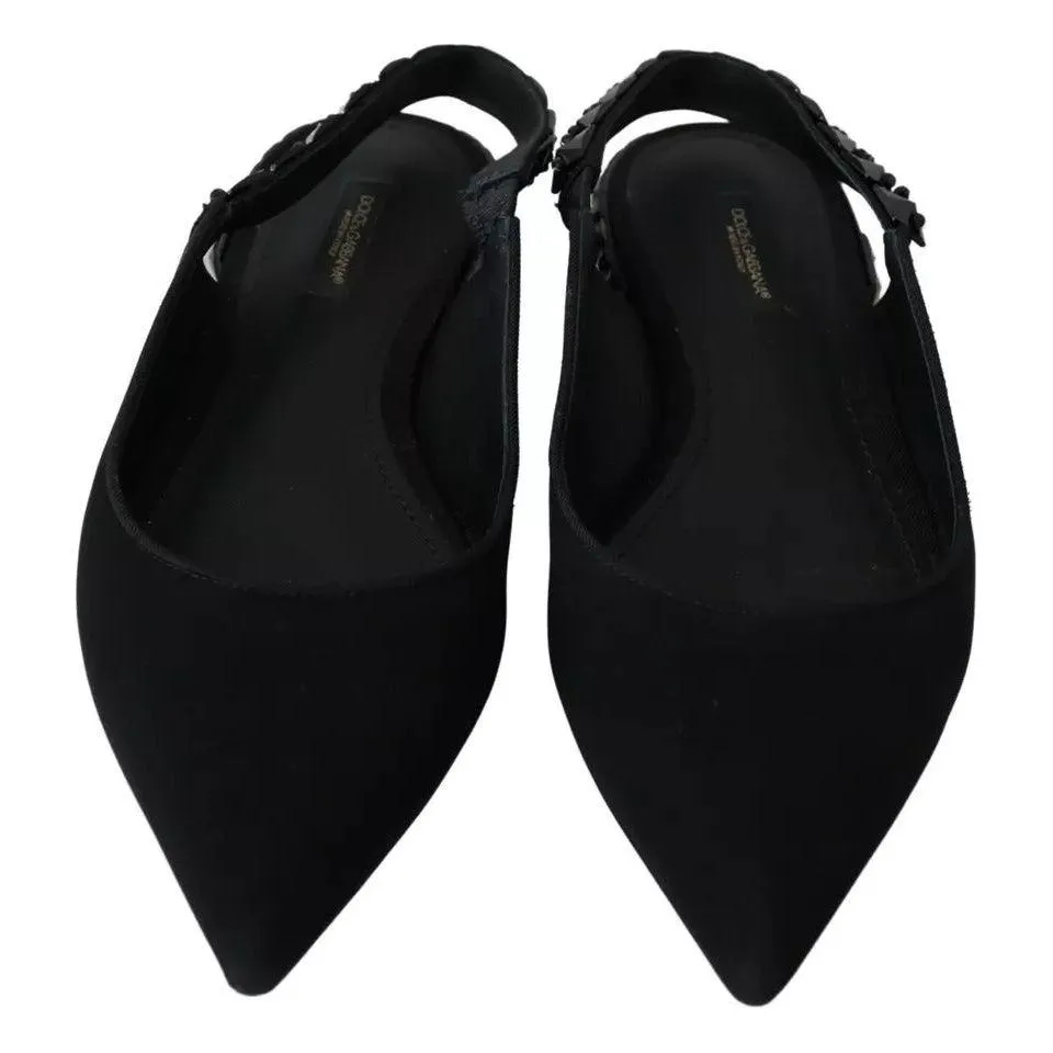 Dolce & Gabbana Black Flats Crystal Slingback Charmeuse Shoes