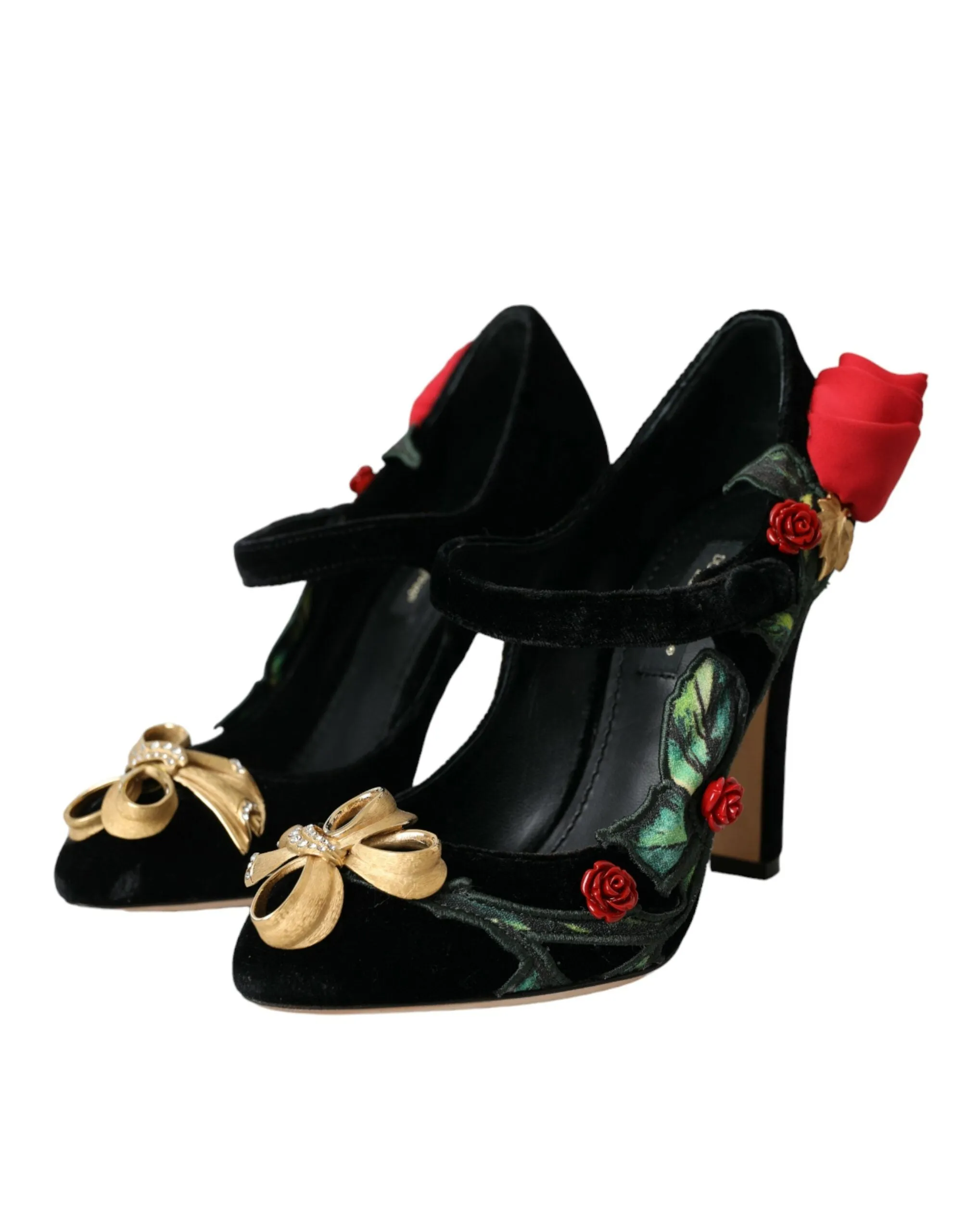 Dolce & Gabbana Black Roses Crystal Brooch Mary Jane Shoes