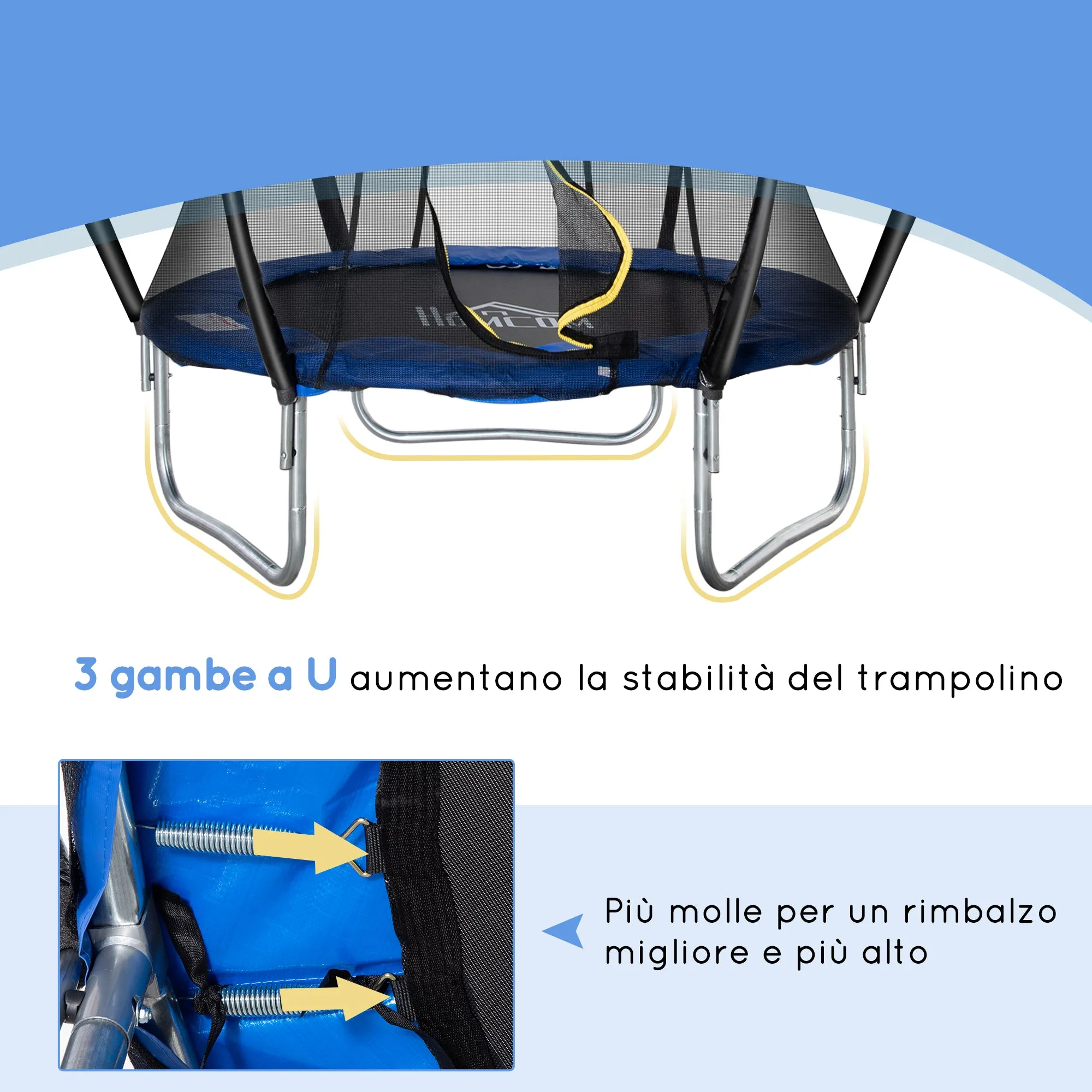 EasyComfort Trampolino Elastico Fitness Blu a 36 Molle per Adulti e Bambini con Rete di Protezione e 3 Gambe a U, Ø225x235 cm