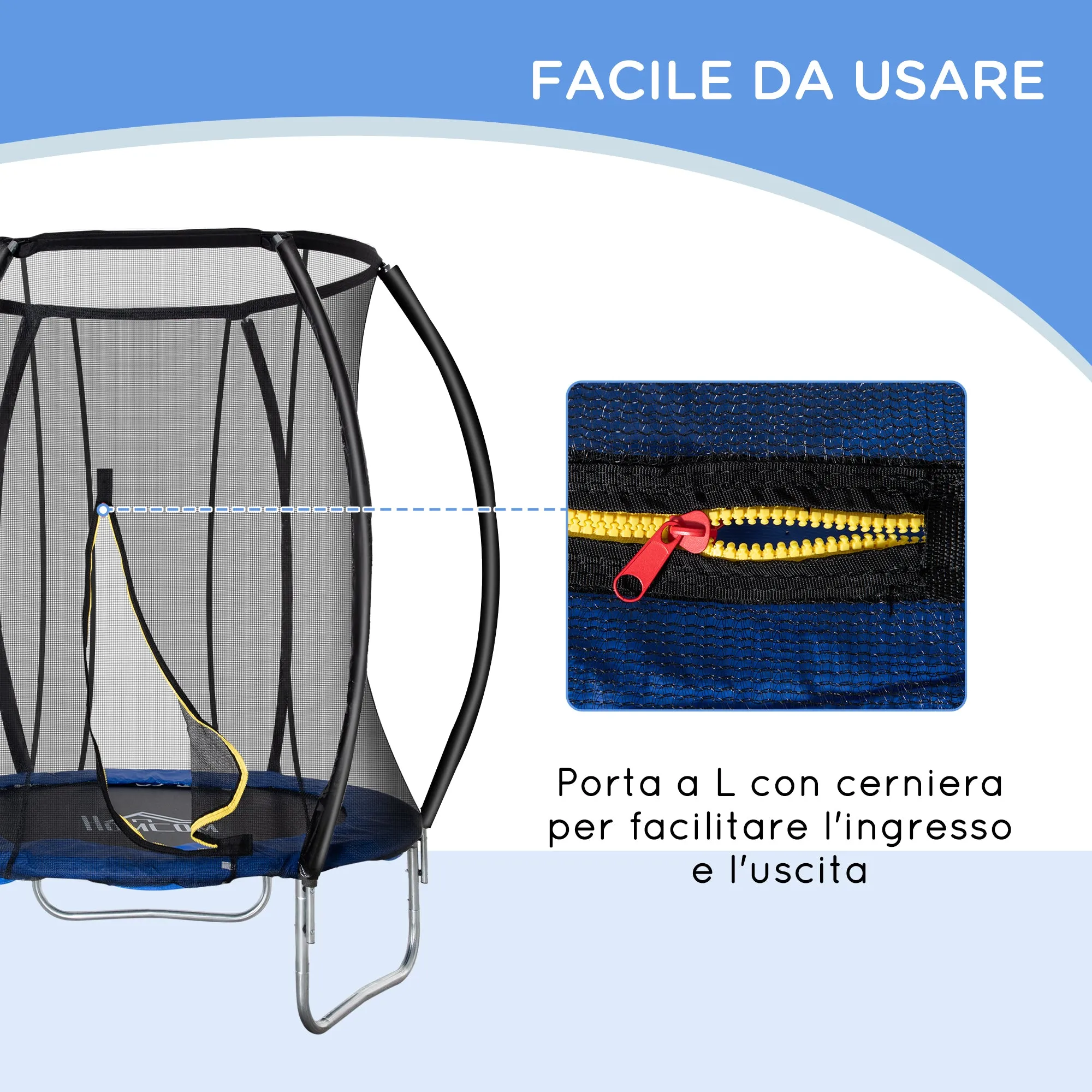 EasyComfort Trampolino Elastico Fitness Blu a 36 Molle per Adulti e Bambini con Rete di Protezione e 3 Gambe a U, Ø225x235 cm