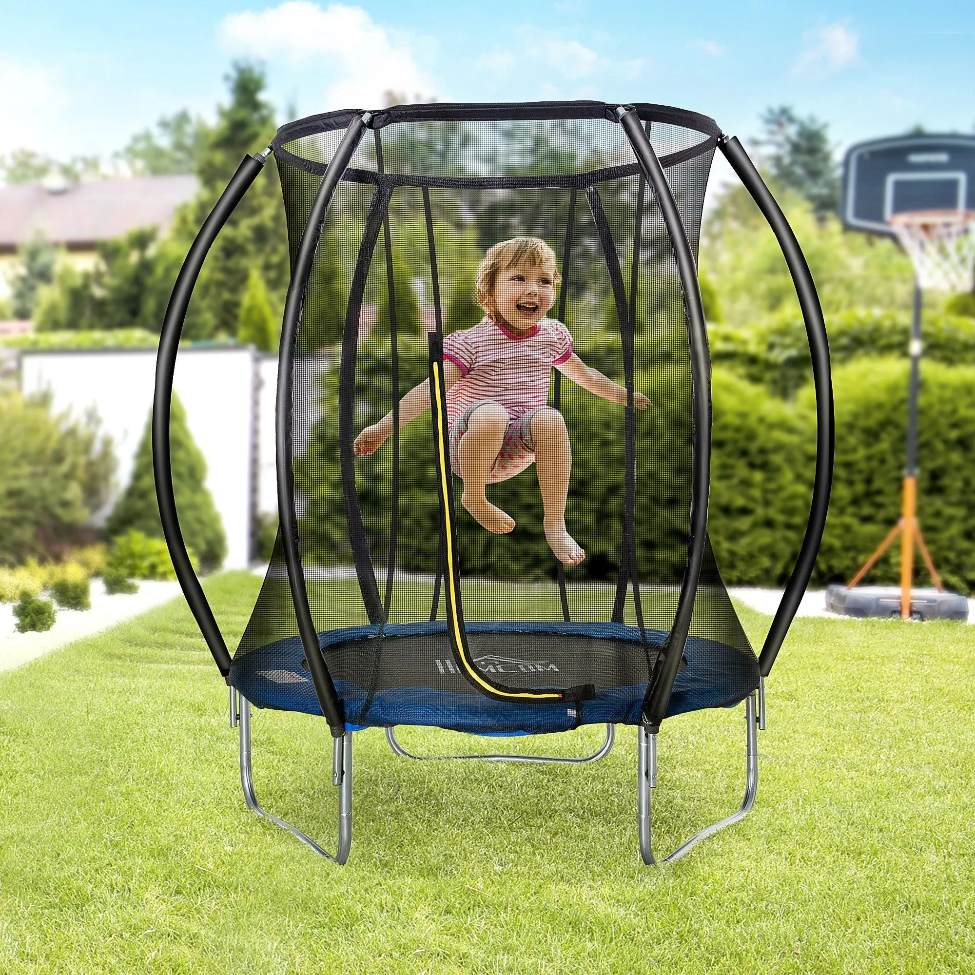 EasyComfort Trampolino Elastico Fitness Blu a 36 Molle per Adulti e Bambini con Rete di Protezione e 3 Gambe a U, Ø225x235 cm