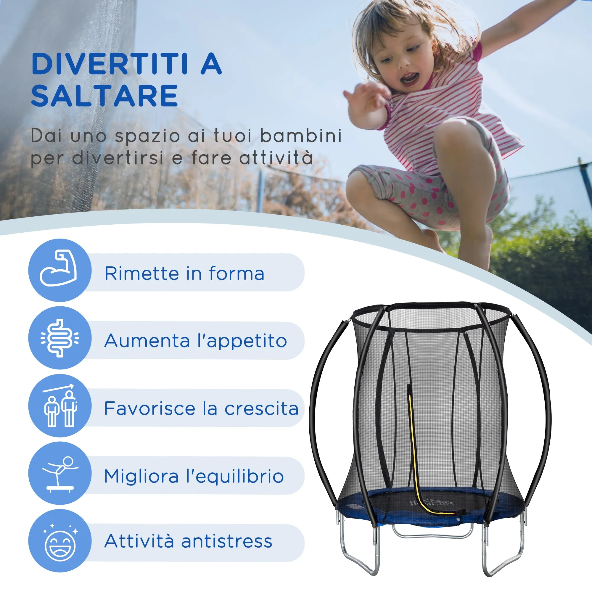 EasyComfort Trampolino Elastico Fitness Blu a 36 Molle per Adulti e Bambini con Rete di Protezione e 3 Gambe a U, Ø225x235 cm