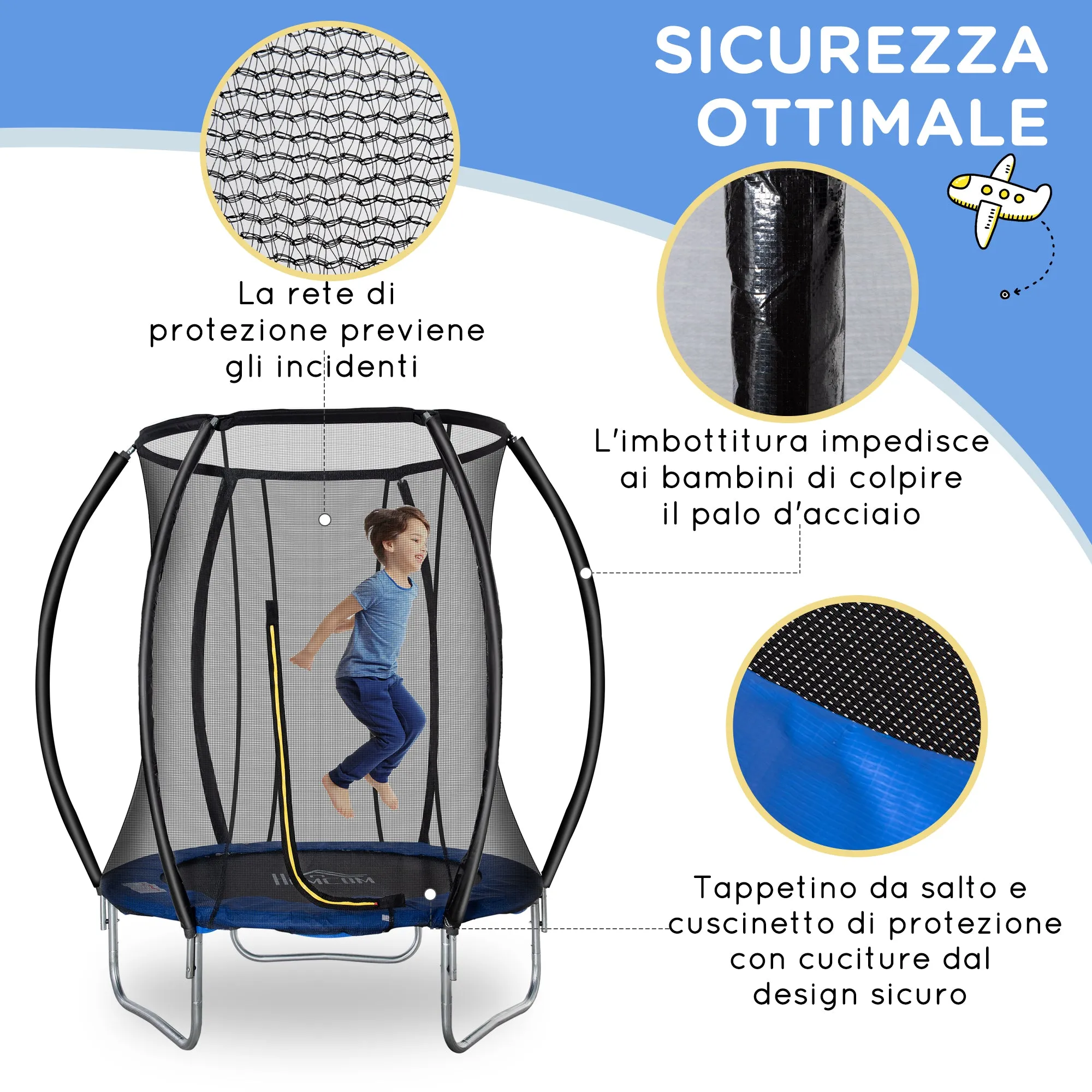 EasyComfort Trampolino Elastico Fitness Blu a 36 Molle per Adulti e Bambini con Rete di Protezione e 3 Gambe a U, Ø225x235 cm