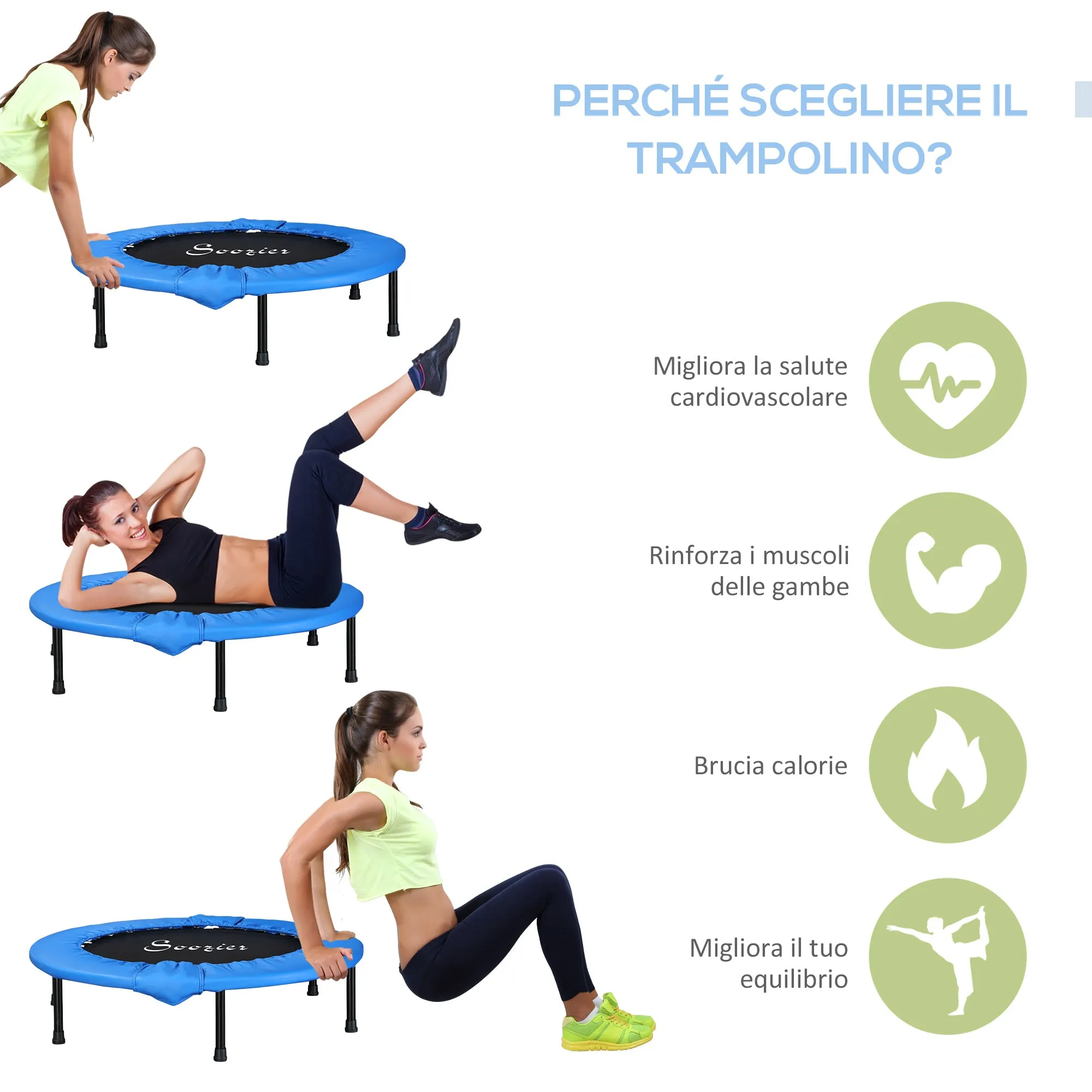 EASYCOMFORT Trampolino Elastico Fitness Pieghevole da Giardino, Φ96.5 x 23 cm, Blu e Nero