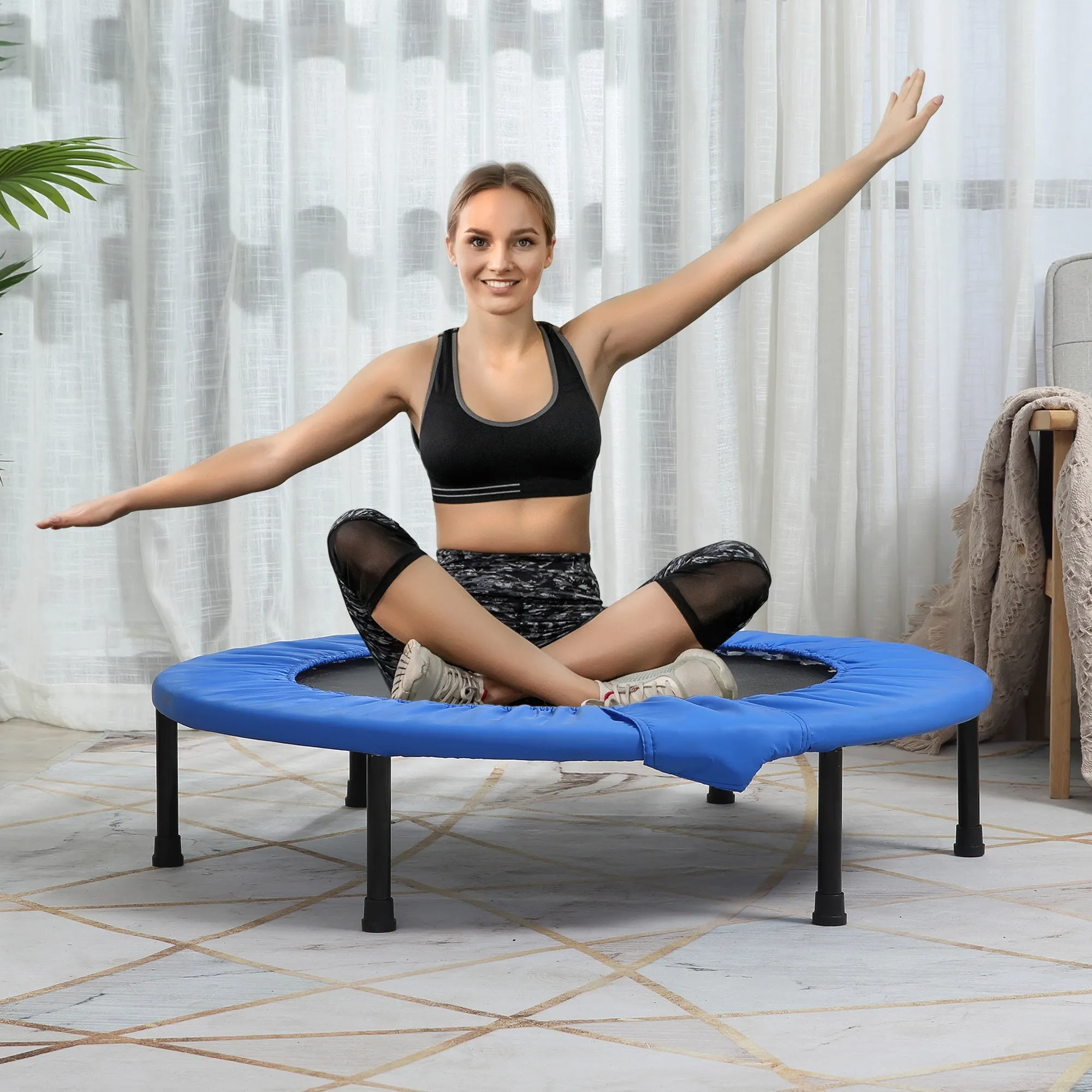 EASYCOMFORT Trampolino Elastico Fitness Pieghevole da Giardino, Φ96.5 x 23 cm, Blu e Nero