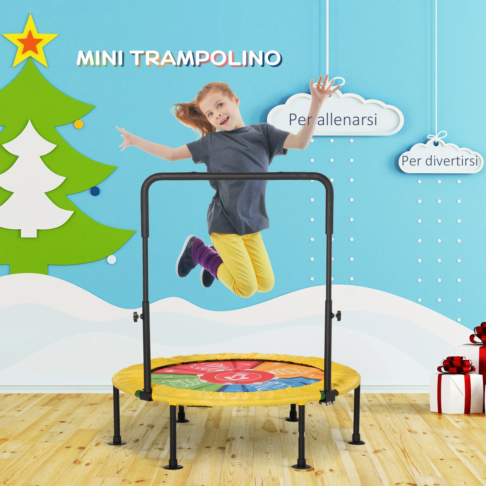 EASYCOMFORT Trampolino Elastico Pieghevole con Manubrio e Tappeto da Ballo, per Fitness e Gioco, Փ102x89-114cm