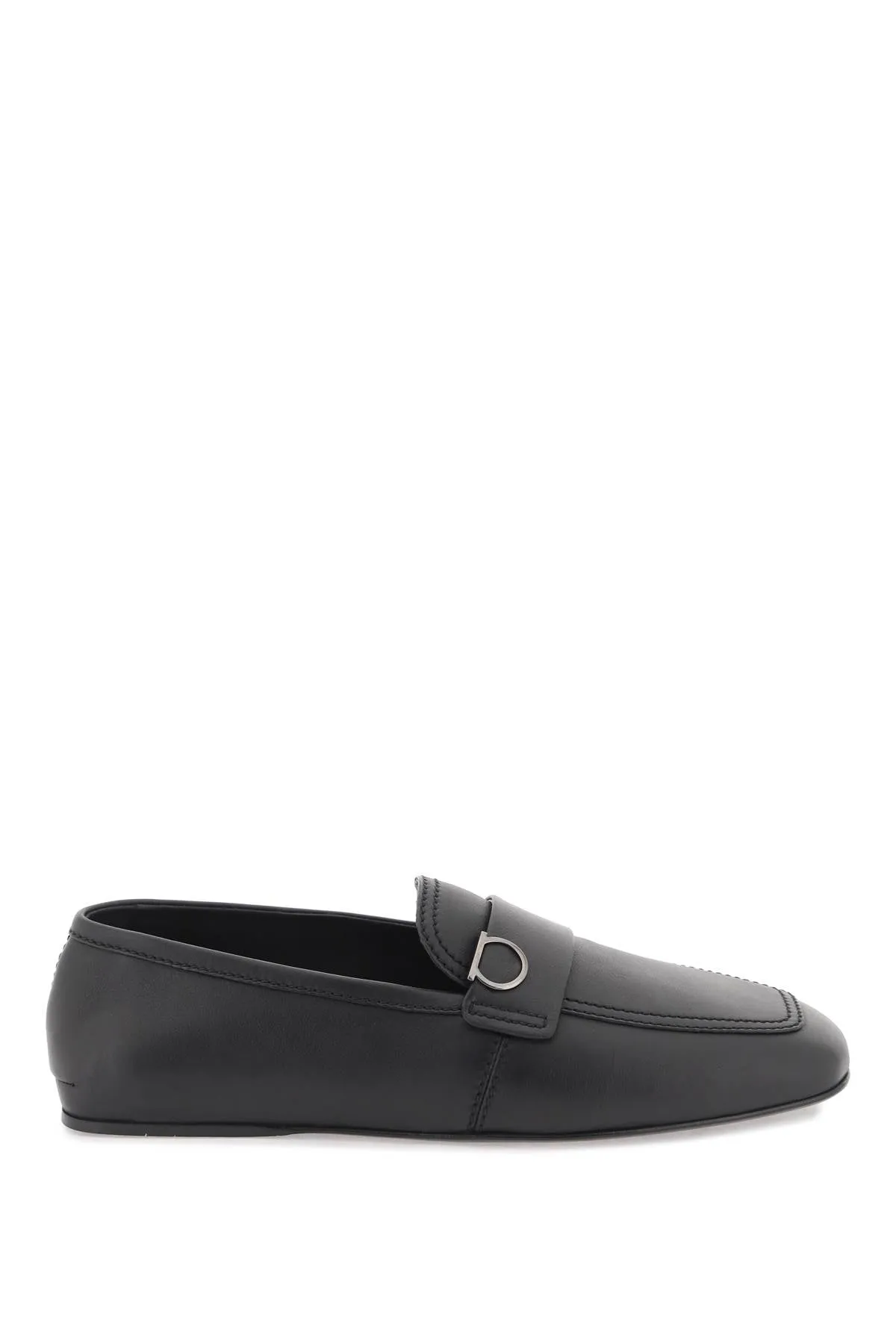 Ferragamo Black Leather Moccasins for Men with Iconic Metal Ganici Detail