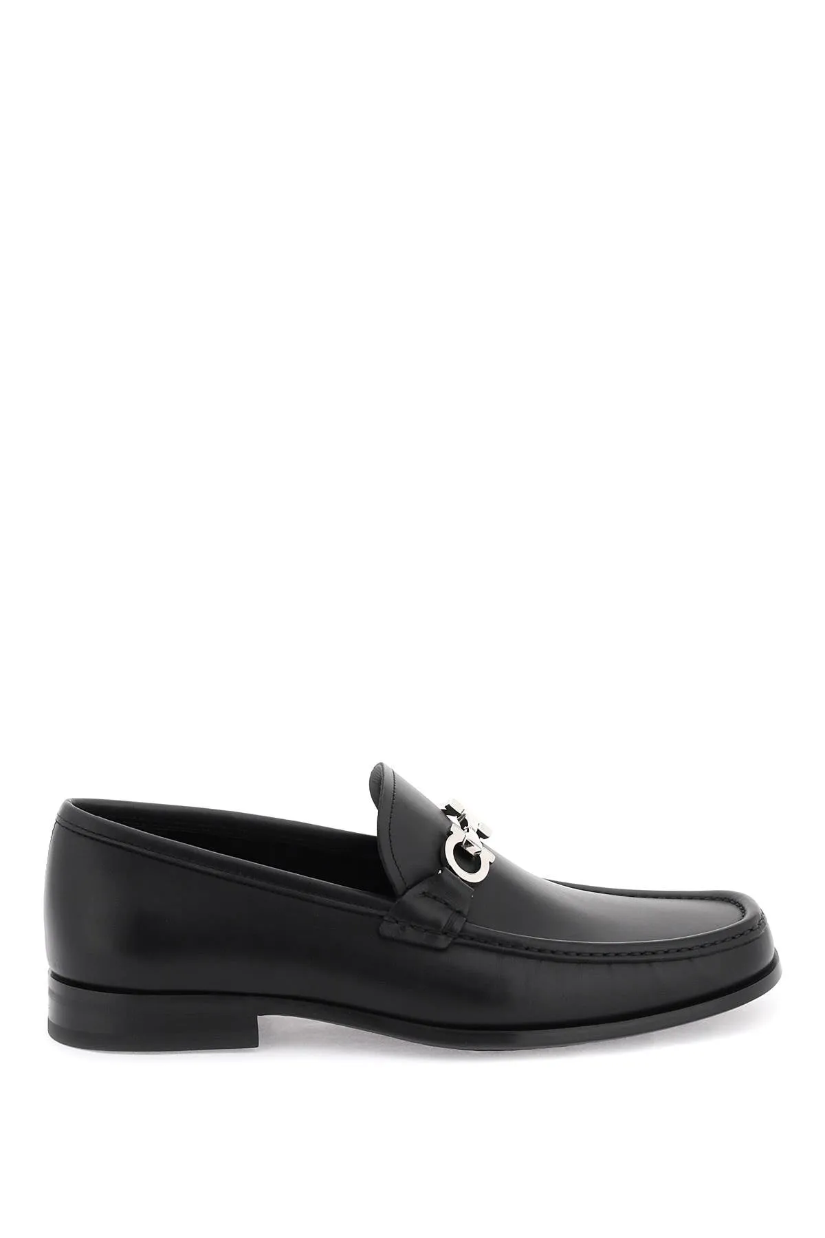 Ferragamo Classic Leather Moccasins with Silver Gancini Hook - EEE Width