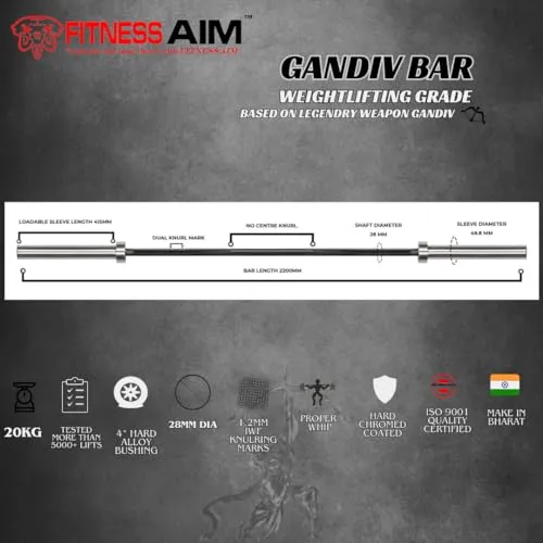 FITNESS AIM GANDIV BAR BLK Weightlifting/Powerlfiting Barbell Bar 7.2 feet| Weight Bar 2200mm, 20kg Gym Bar for Heavy Weight Lifting, Competition, Training, Gym Fitness Workout|CrossFit (GANDIV BAR)