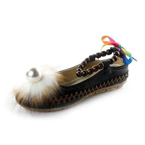 Folkways Style Pearl Decor Ankle Strap Flat Sandals Shoes