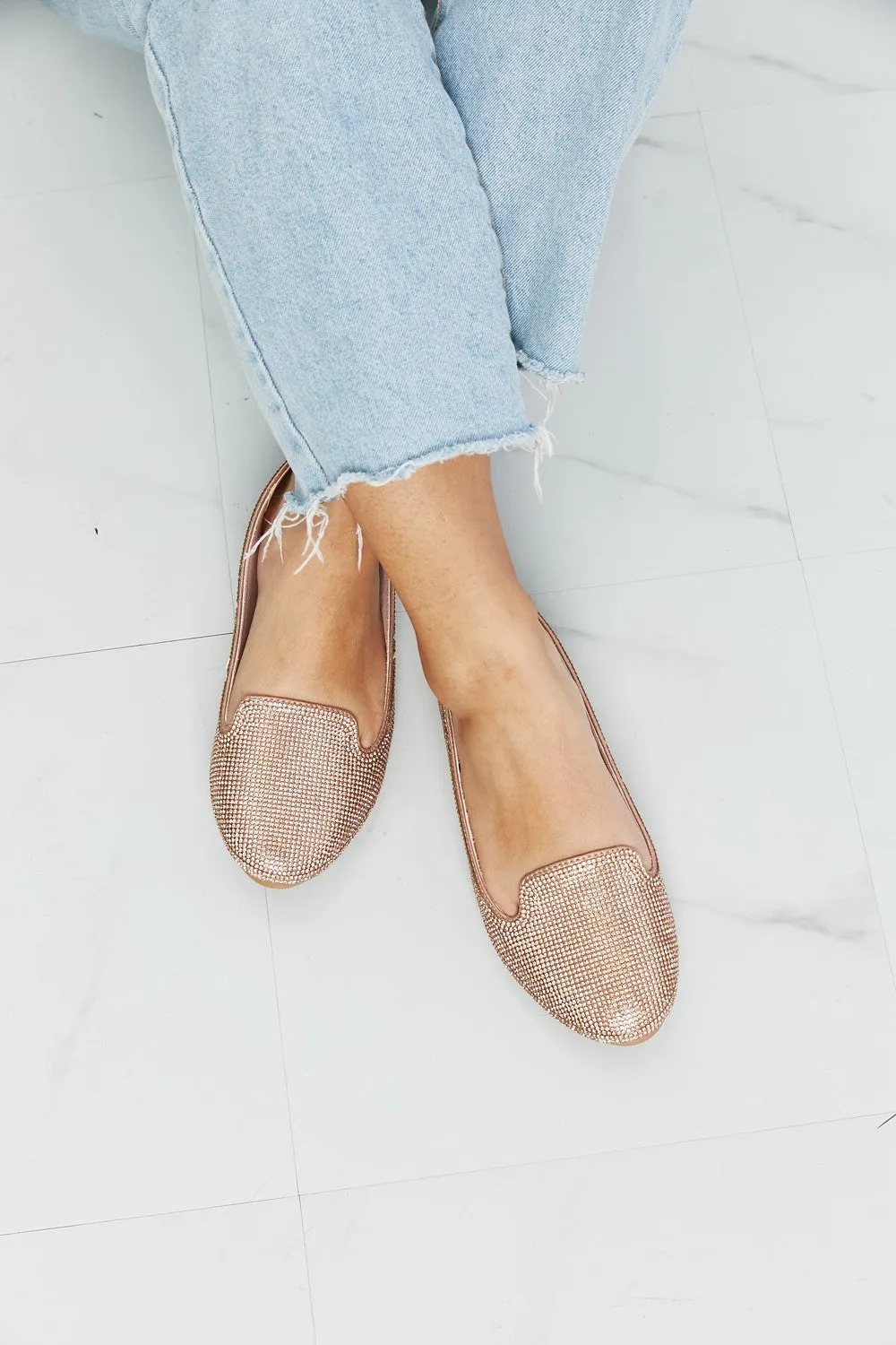 Forever Link Rhinestone Round Toe Flats in Rose Gold