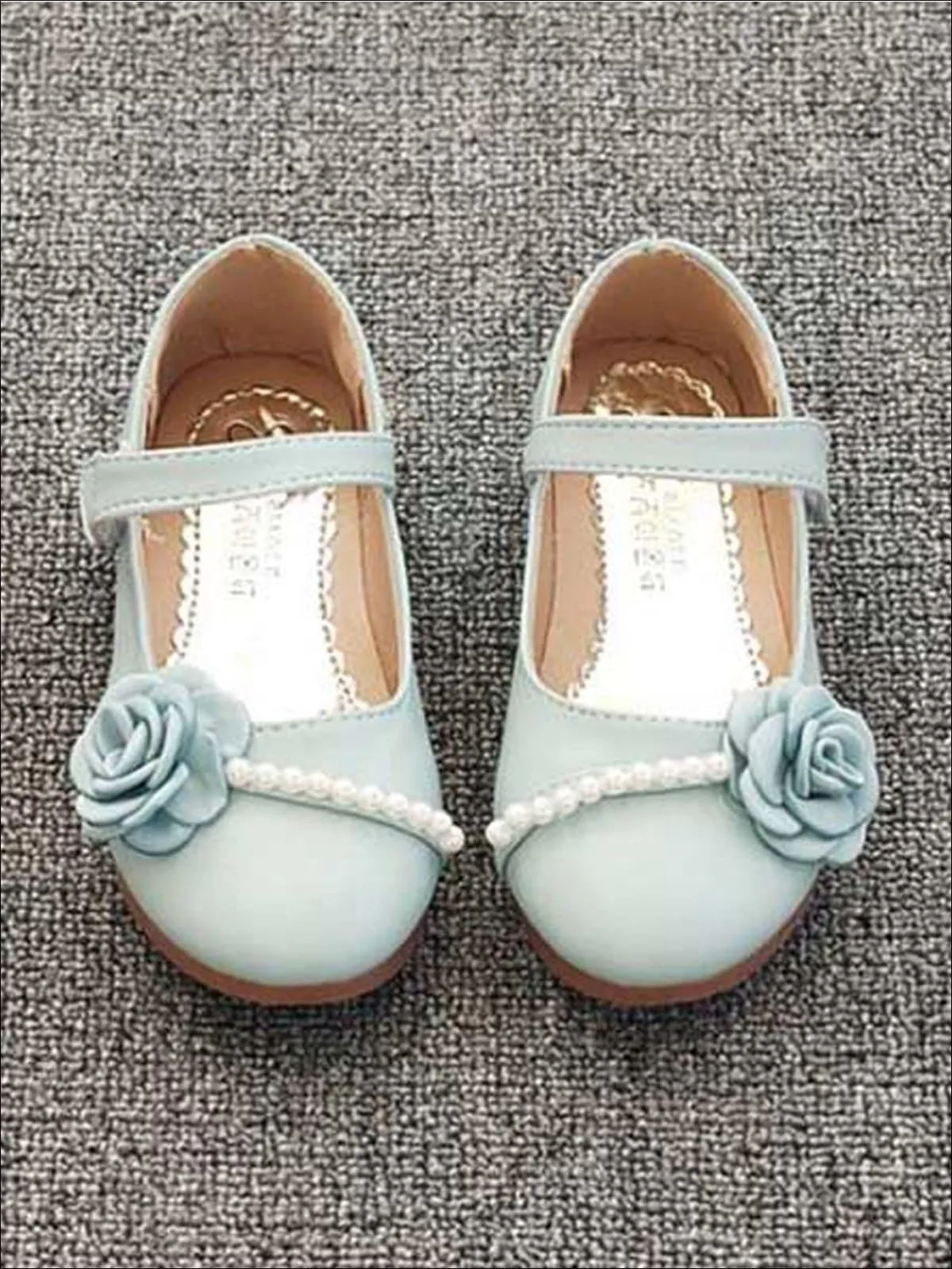 Girls Leather Flats with Flower and Pearl Embellishments By Liv and Mia