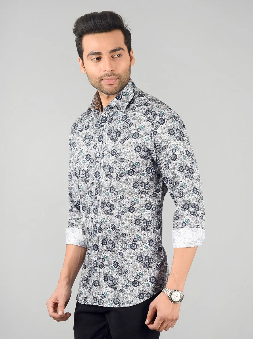 Grey & Blue Printed Slim Fit Party Wear Shirt | Wyre