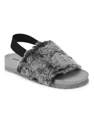 Grey Faux Fur Slip Ons With Back Strap