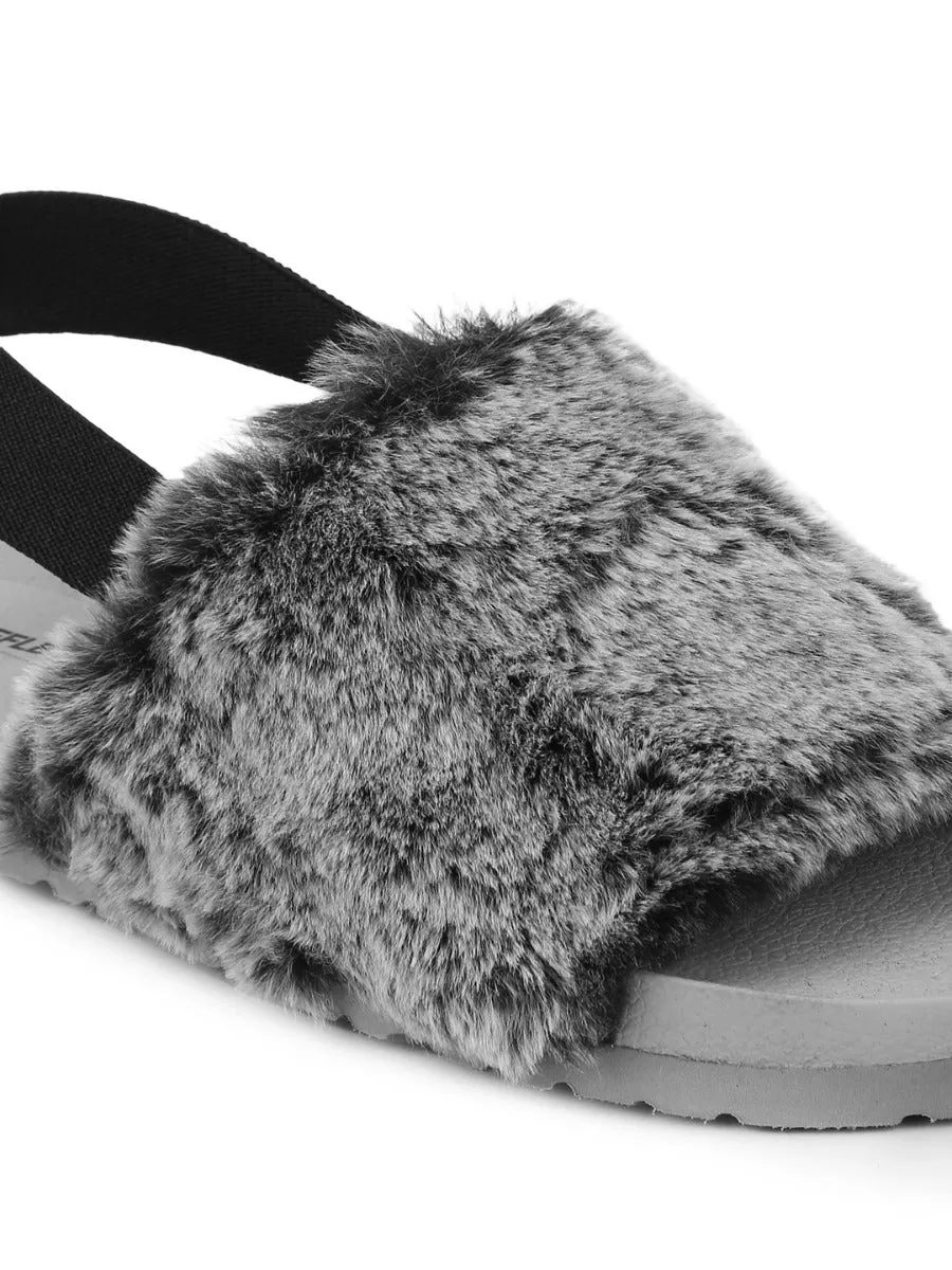 Grey Faux Fur Slip Ons With Back Strap