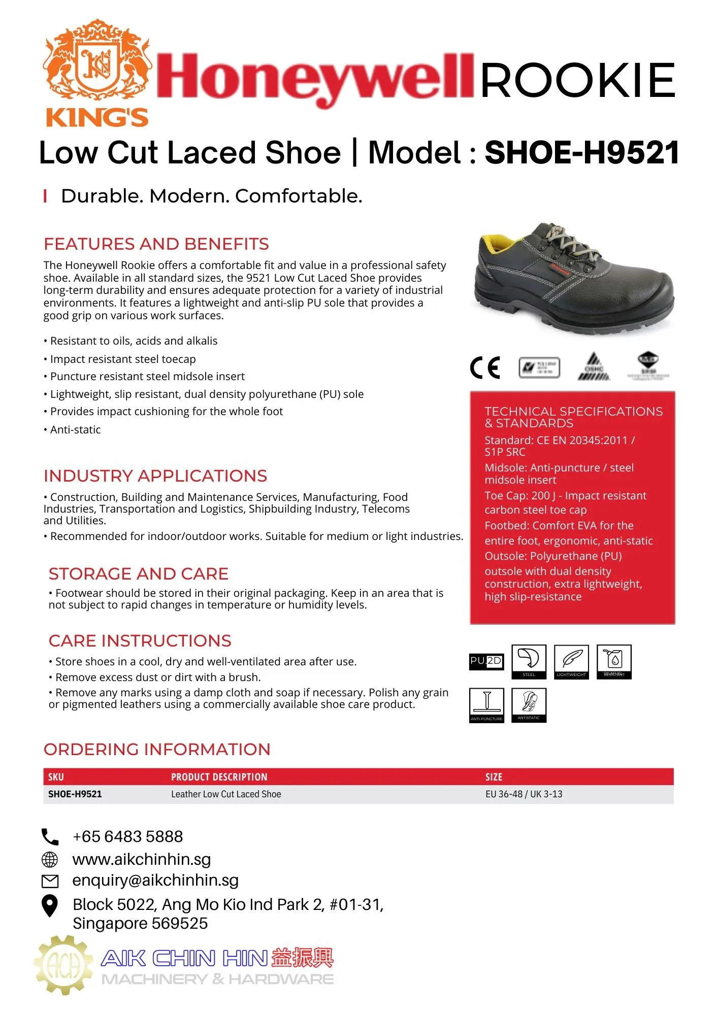 Honeywell Impact Rookie Low Cut Laced Safety Shoe | Model : SHOE-H9521, UK Sizes : #5 (38) - #11 (46)