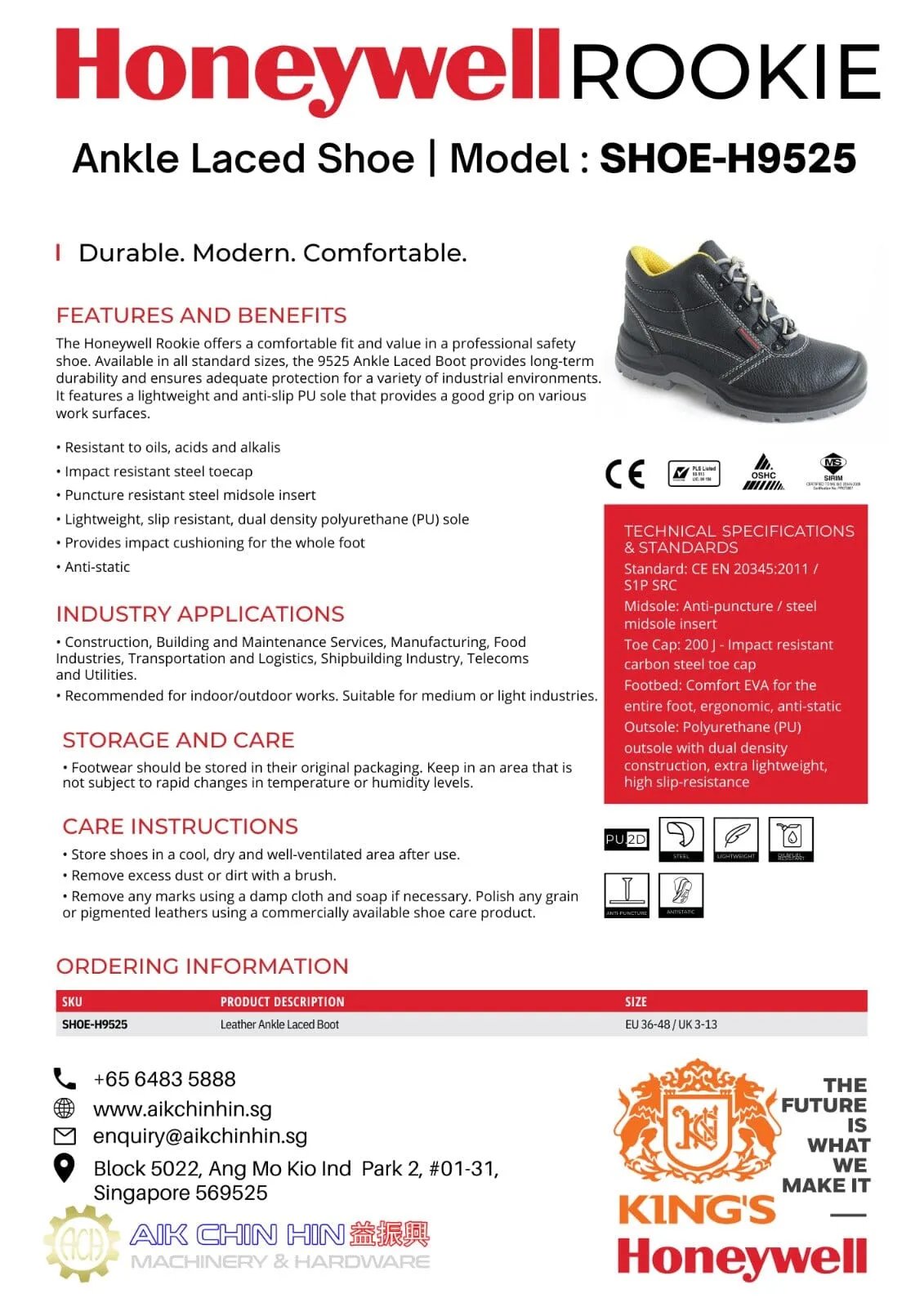 Honeywell Impact Rookie Mid Cut Ankle Laced Safety Shoe  | Model : SHOE-H9525, UK Sizes : #5 (38) - #11 (46)