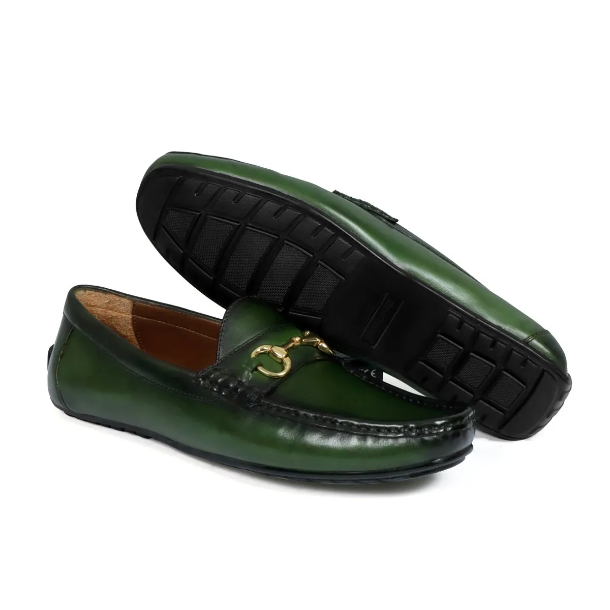 Horsebit Driving Loafers Shoe in Green Leather