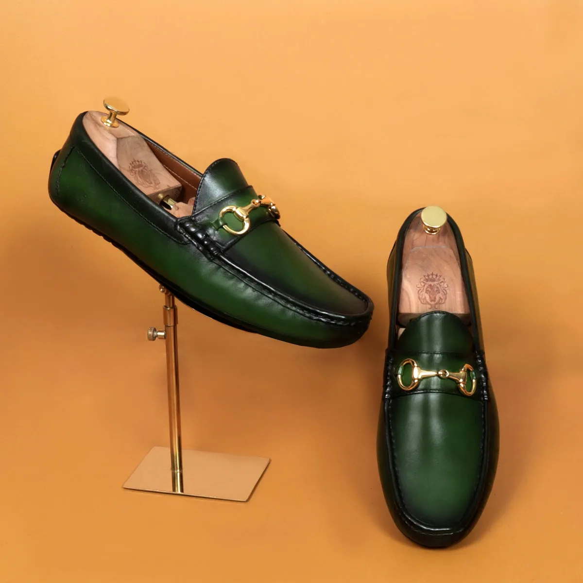 Horsebit Driving Loafers Shoe in Green Leather