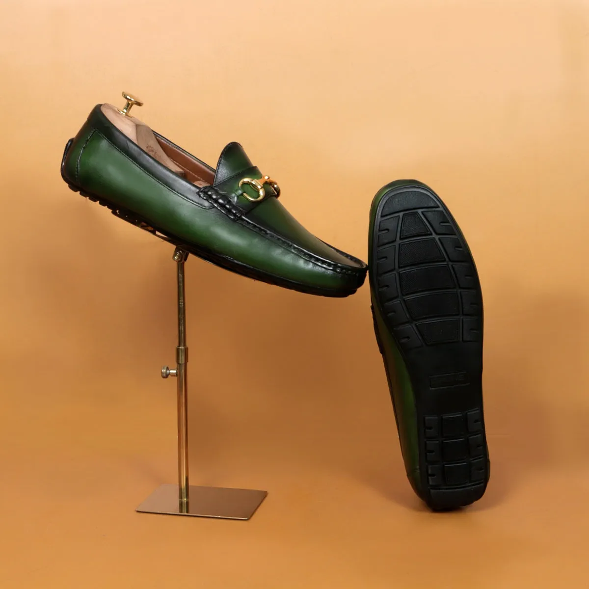 Horsebit Driving Loafers Shoe in Green Leather